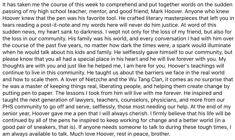 C_Bergstrom24's tweet photo. 280 characters isn't enough. This hurts. Rest easy, Hoover. My heart goes out to his family and my PHS community. https://t.co/K4DceXEfYx