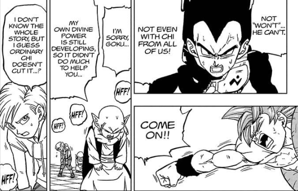 — When Goku is low on power, he loses the ability to control this form, and needs to heal or be recharged with extra god power.