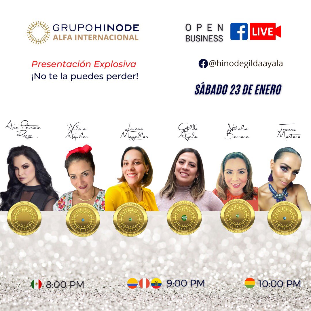 🔥PRESENTACIÓN HND INTERNACIONAL🔥
⏰ HOY SÁBADO 23 ene 8:00PM
💰LEVANTA TU NEGOCIO DE FORMA SENCILLA
➡️cómo? Entra al 
FACEBOOK LIVE DE HOY EN @hinodegildaayala
✅ REGISTRATE EN:
hinodealfa.com/eventos 
🔥Como mi invitad@
✅ Link para el en vivo
facebook.com/hinodegildaaya…