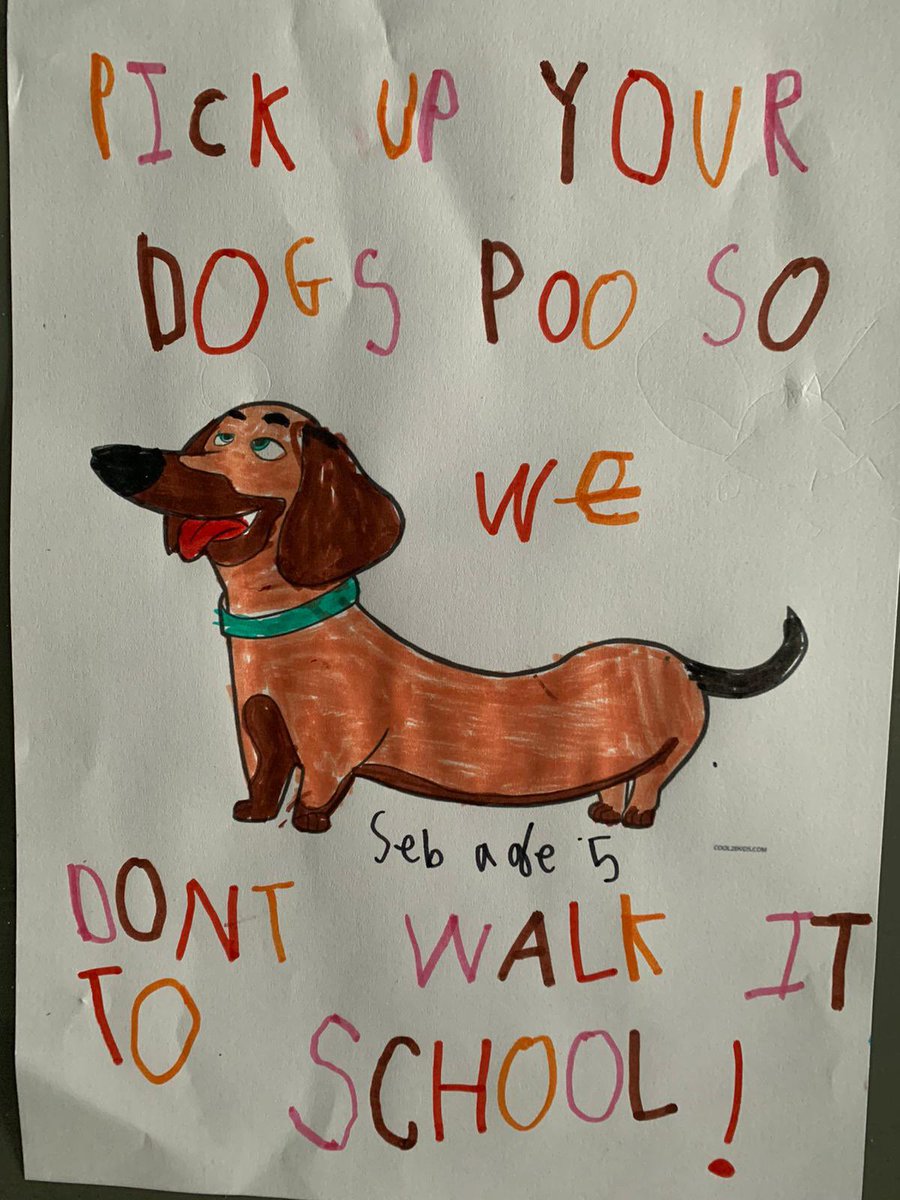marckenny's tweet photo. Yesterday we walked to school to collect Cole’s homework - we basically played “Dodge The Dog Poo” the whole way there 💩 

Seb said there should be posters up to remind people to pick it up, so he decided to colour some in &amp; then design/draw some of his own 🤩

@SsPeterPaulSch https://t.co/tCwCpeHFJm