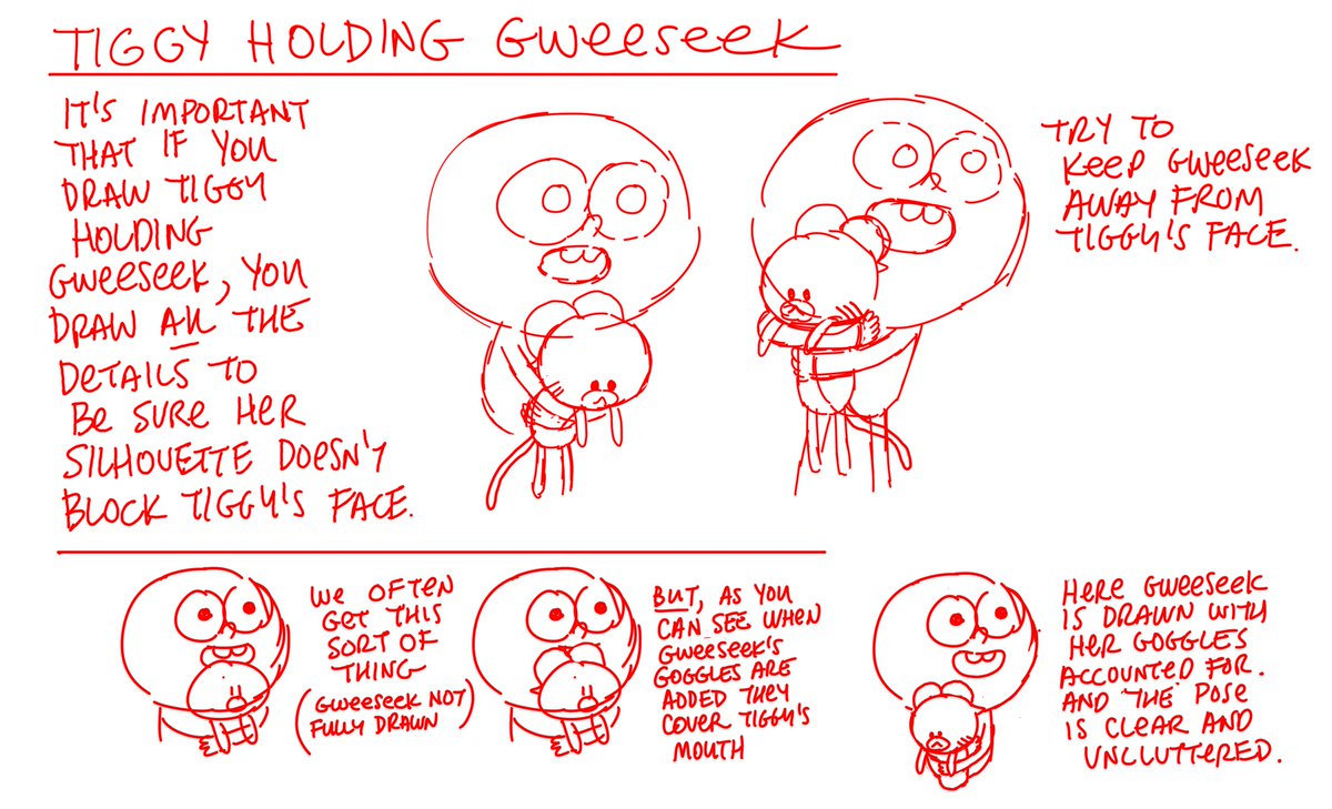 33/ Tiggy often was posed holding Gweeseek and we would get final animation back where she would be drawn blocking Tiggy's face...so this was to help artists to plan the pose to accomodate her big head and goggles.
