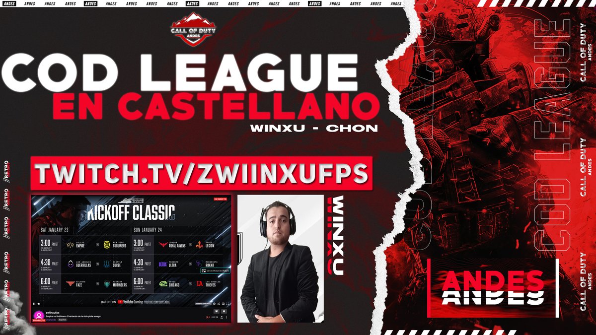 CODAndesGG's tweet photo. #CODLeague - @Wiinxu, @Elchonnn.

Por primera vez en Latinoamérica tendremos la CDL en castellano de la mano de @Wiinxu y de @Elchonnn.

Todo por las pantallas de:

🔗https://t.co/q6iLs5B4oY

#PoderAndino https://t.co/jsE6n0l2bG