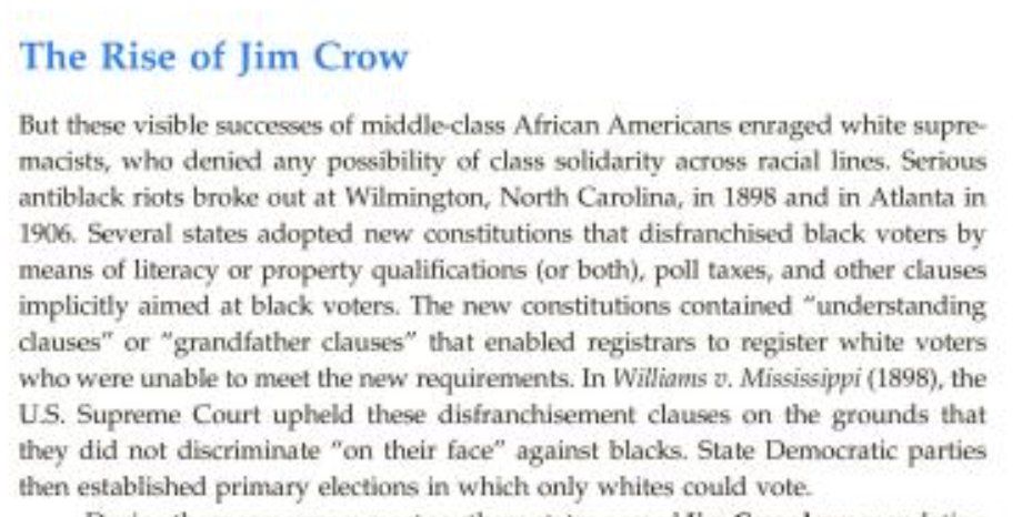OK, let's try Liberty, Equality, Power, the textbook that several of my former colleagues like Jim McPherson and John Murrin and huge figures like  @glgerstle wrote.They're suspiciously progressive, so I bet they hid the Democrats' role in Jim Crow and ... nope.Three for three