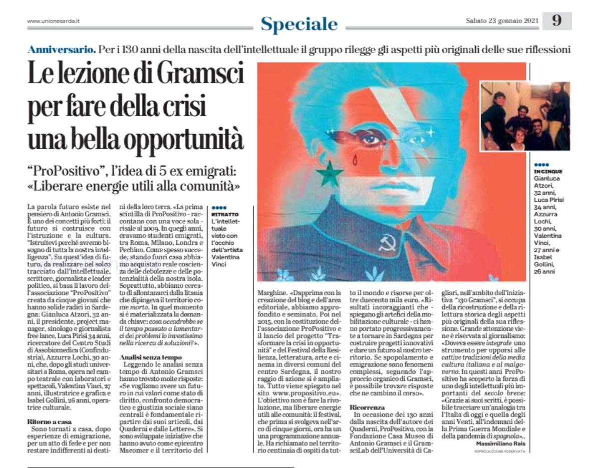 Oggi su <a href="/UnioneSarda/">L'Unione Sarda</a> raccontiamo il progetto #130Gramsci 
#PCI100 #Gramsci
propositivo.eu/130-gramsci