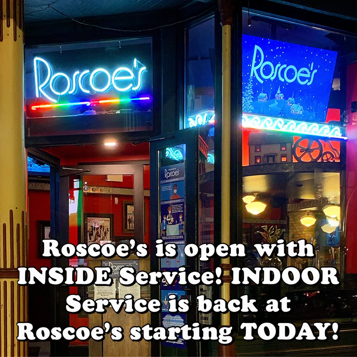 Roscoestavern's tweet photo. ♥️Roscoe’s is open with INSIDE Seating! ♥️INDOOR Seating is back at Roscoe’s starting TODAY!♥️ #chicago #chicagorestaurant #restaurant #SupportSmallBusinesses https://t.co/4wfBQFPq4G