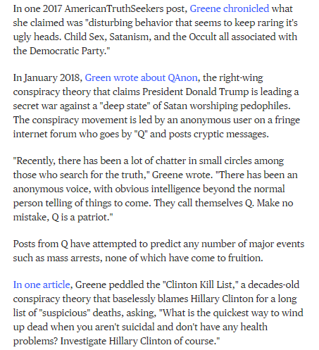 Her 59 contributions to the conspiracist AmericanTruthSeekers website - "Make no mistake, Q is a patriot" - make her pro-QAnon views very clear indeed. This surely makes her a highly unreliable source. https://www.nbcnews.com/tech/tech-news/georgia-congressional-candidate-s-writings-highlight-qanon-support-n1236724