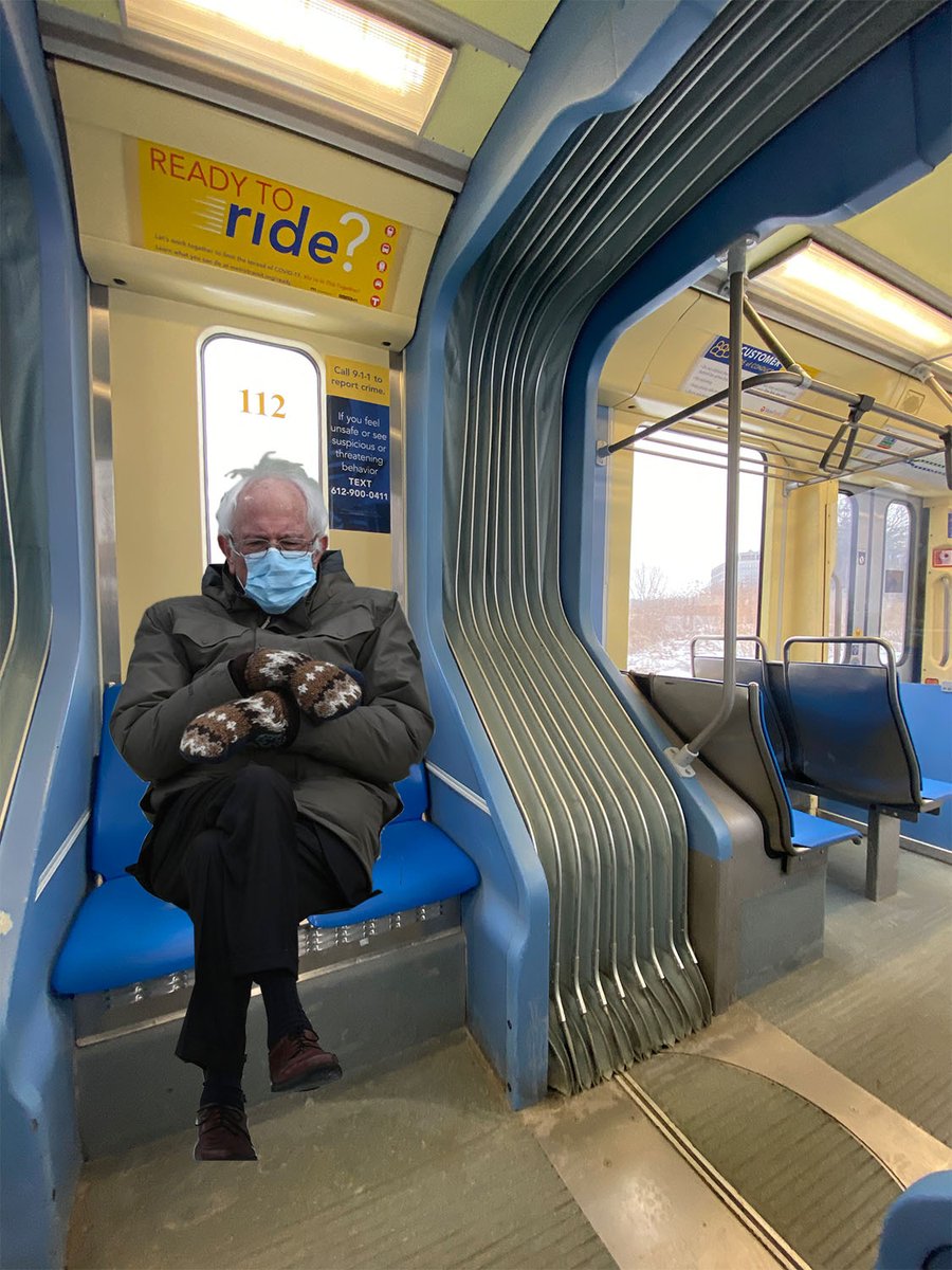 nathan_bakken's tweet image. Bernie riding the @MetroTransitMN Blue Line! #mpls #lrt #metrotransitmn #BernieMeme