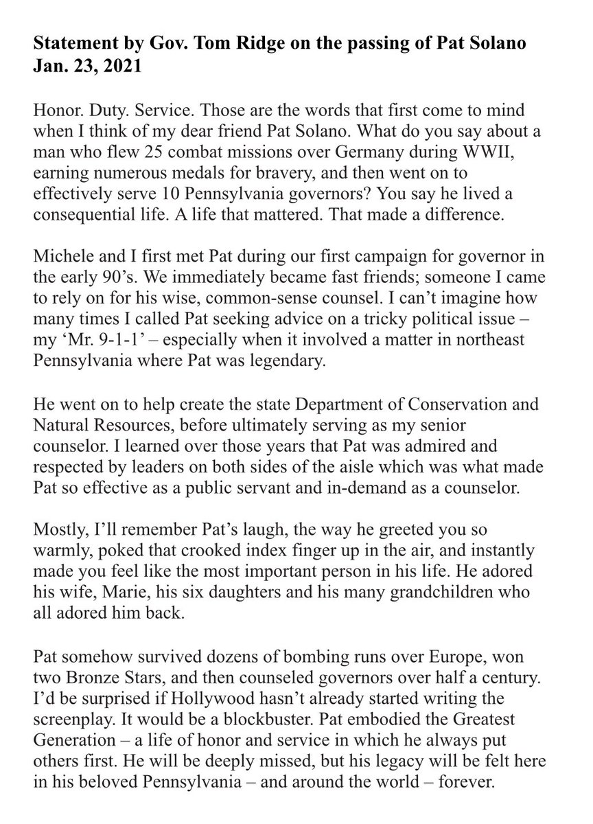 My friend Pat Solano died. A WWII hero and counselor to 10 PA governors,  Pat embodied the Greatest Generation. He will be deeply missed, but his  legacy will be felt forever. I