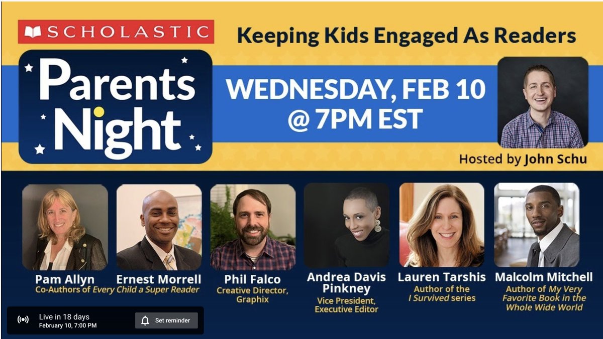 MrSchuReads's tweet image. I'm looking forward to "Keeping Kids Engaged As Readers" with @pamallyn, @ernestmorrell, Phil Falco, @AndreaDavisPink, @laurenTarshis, and @MalcolmJarod on February 10 at 7 PM EST. youtube.com/watch?v=8yt6p6…