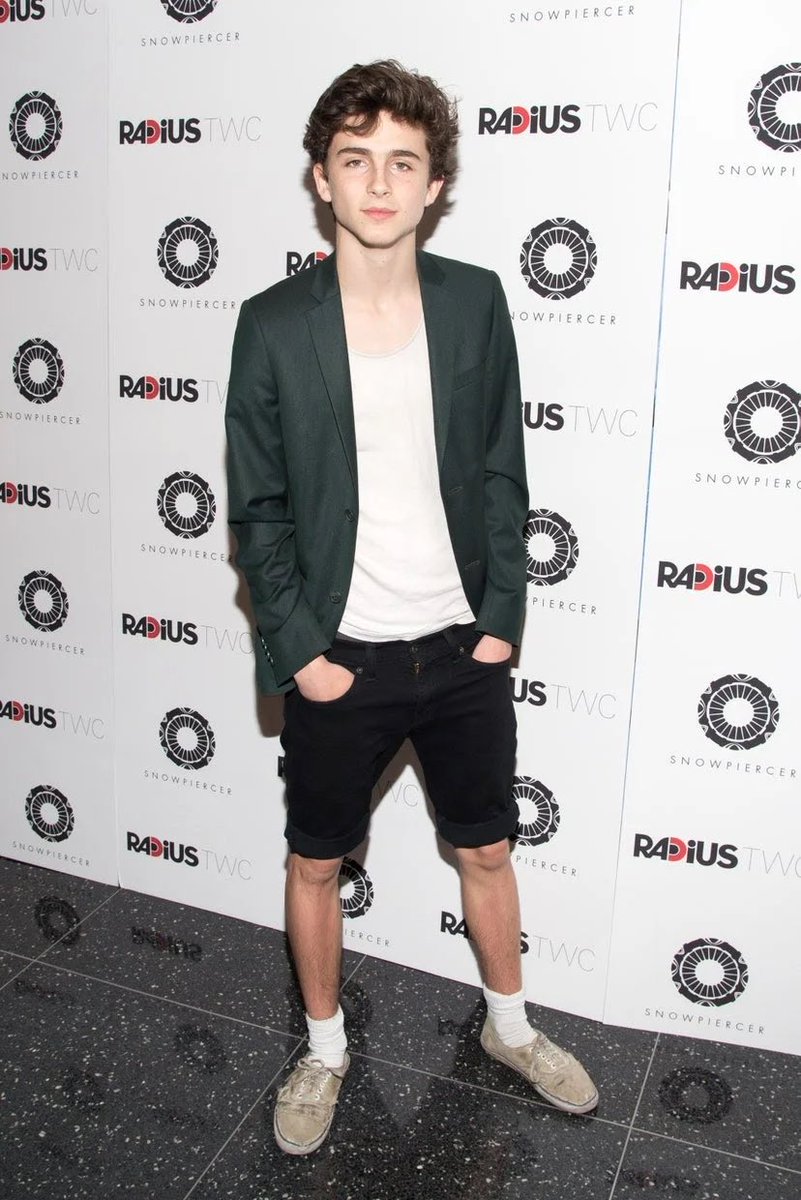 13 March 2013Nymphomaniac: Volume I premiere at the New York Museum of Modern Art wearing an intergalactic-print pair of trousers.24 June 2014Back at the MOMA, Timothée wore cut-off shorts with beat-up Vans and a green blazer for the Snowpiercer premiere.