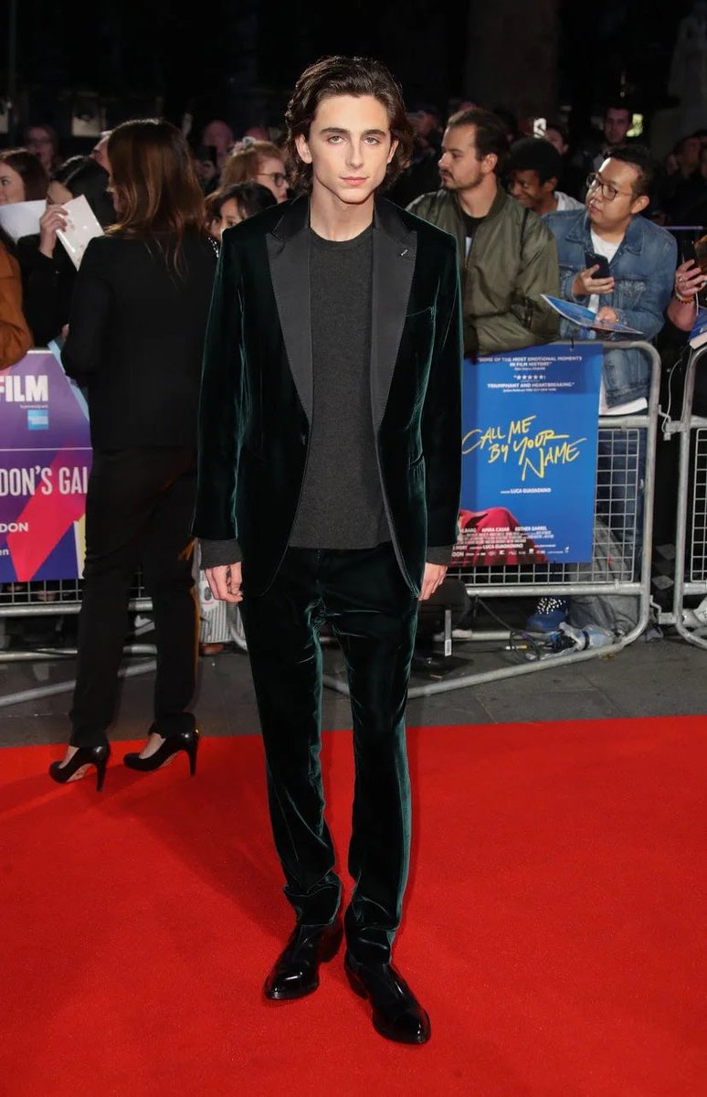 9 October 2017He chose a Berluti ensemble for a Call Me By Your Name screening at the BFI in London.9 October 2017Timothée arrived at the London premiere of Call Me By Your Name wearing a forest green velvet suit.