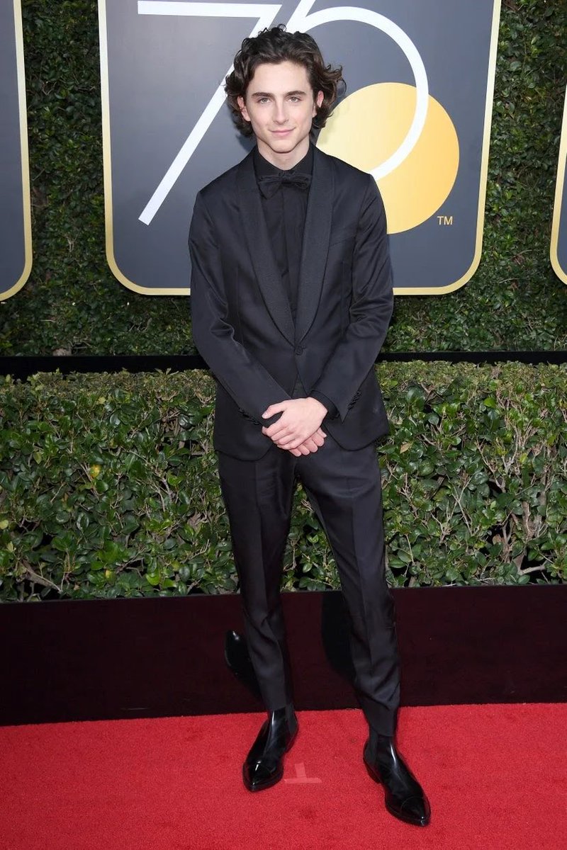 6 January 2018He once again wore cropped Berluti trousers with lace-up boots and a brown suede jacket for an event in West Hollywood. 7 January 2018For the 2018 Golden Globe Awards, Timothée chose a classic black tuxedo by Berluti.