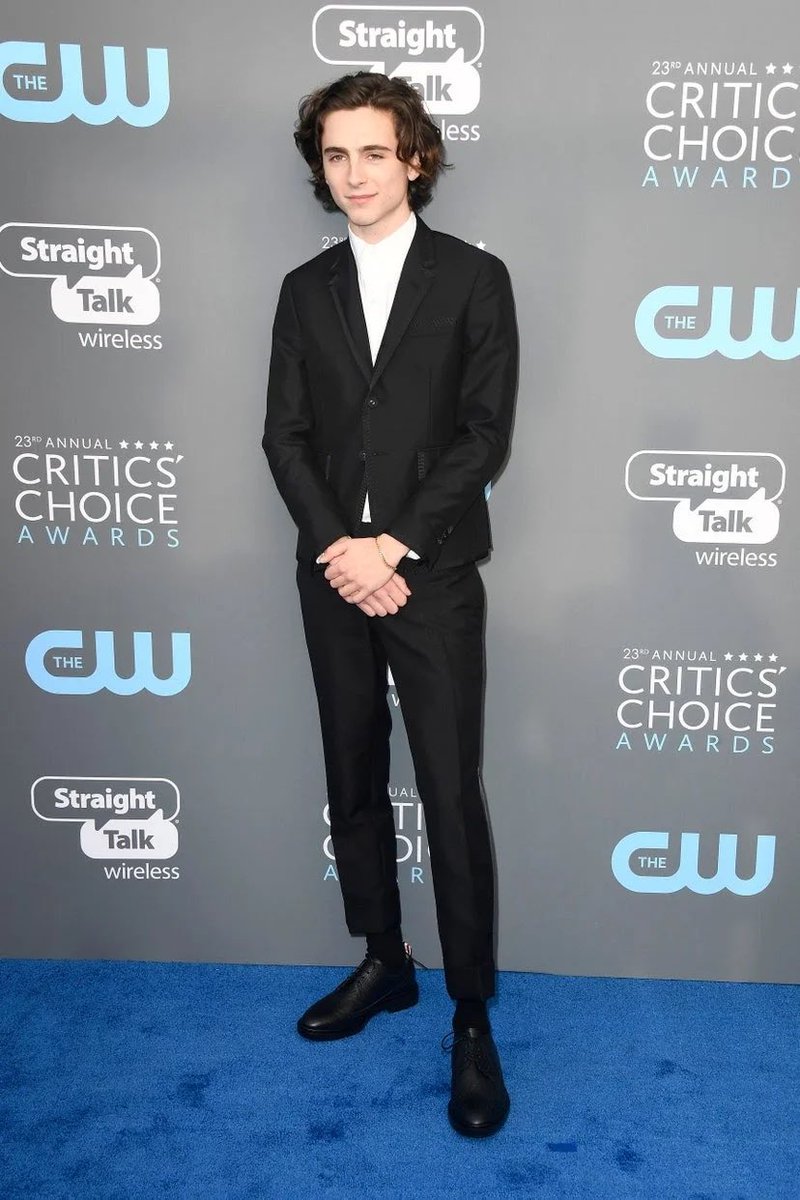 11 January 2018The actor chose a shrunken-fit suit by  @ThomBrowneNY for the Critics’ Choice Awards.19 January 2018Attending its show during Paris Fashion Week, Timothée wore a wine coloured velvet Berluti suit.
