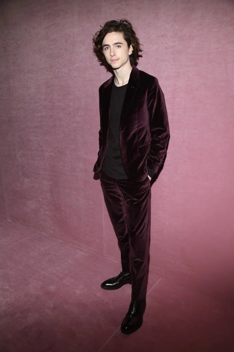 11 January 2018The actor chose a shrunken-fit suit by  @ThomBrowneNY for the Critics’ Choice Awards.19 January 2018Attending its show during Paris Fashion Week, Timothée wore a wine coloured velvet Berluti suit.