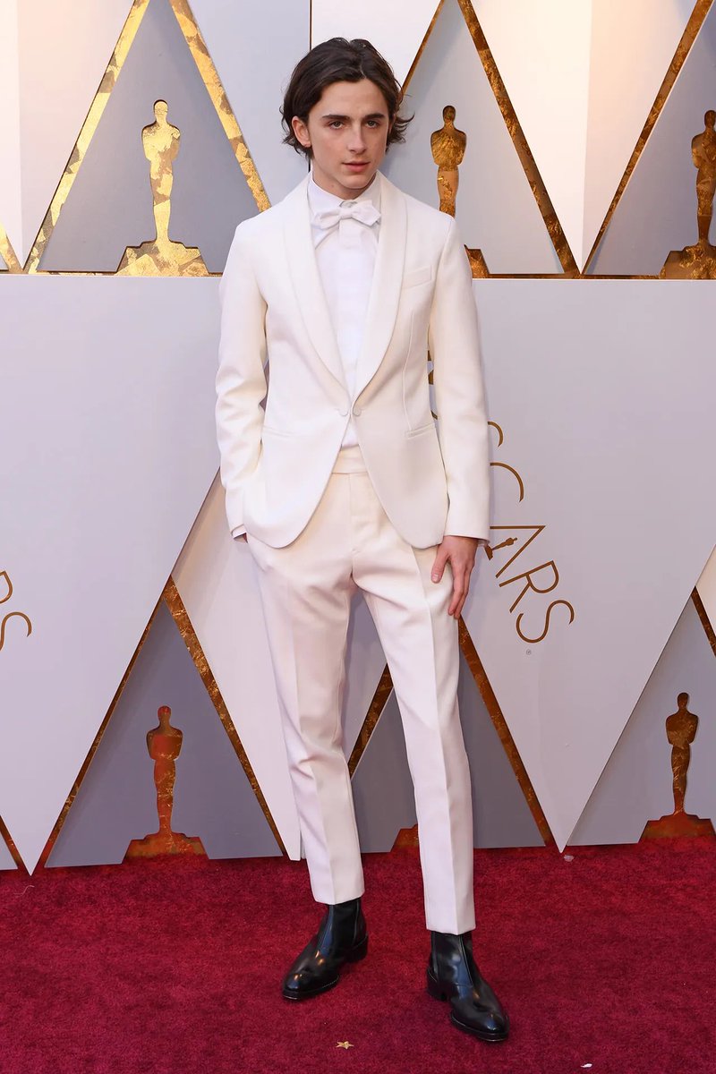 3 March 2018In Santa Monica, Timothée wore Off-White. 4 March 2018Timothée walked the red carpet at the 2018 Academy Awards in an off-white Berluti suit.