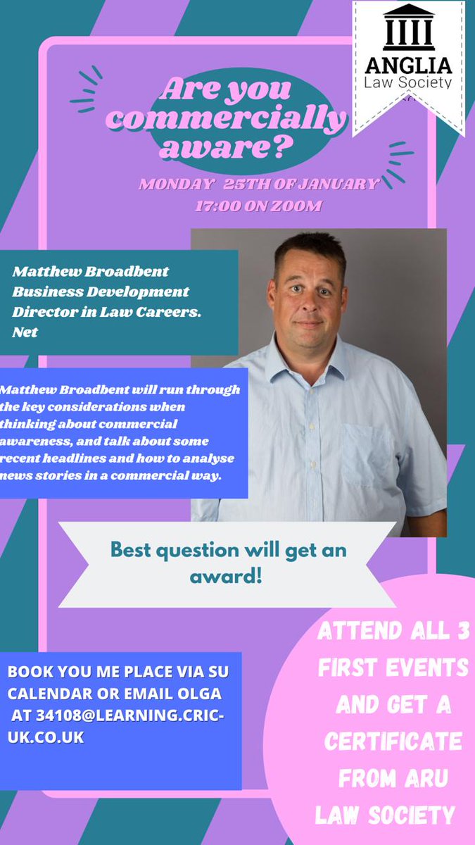 Join this Commercial Awareness webinar, organised by the ARU Law Society, on Monday the 25th of January at 17:00.

LawCareers.Net’s Matthew Broadbent will explain why commercial awareness is so important, and how to analyse news.

angliastudent.com/events/6392/84…