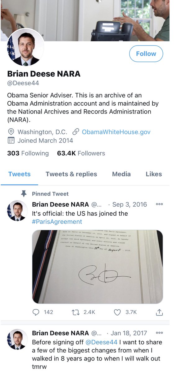 The most unusual  @twitter history of a US government official I found today may be that of  @BrianCDeese, who used  @DeeseOMB &  @Deese44 & now has a 3rd account at  @BrianDeeseNEC, separating his personal account from a  @whitehouse account that will be archived someday at @-46.