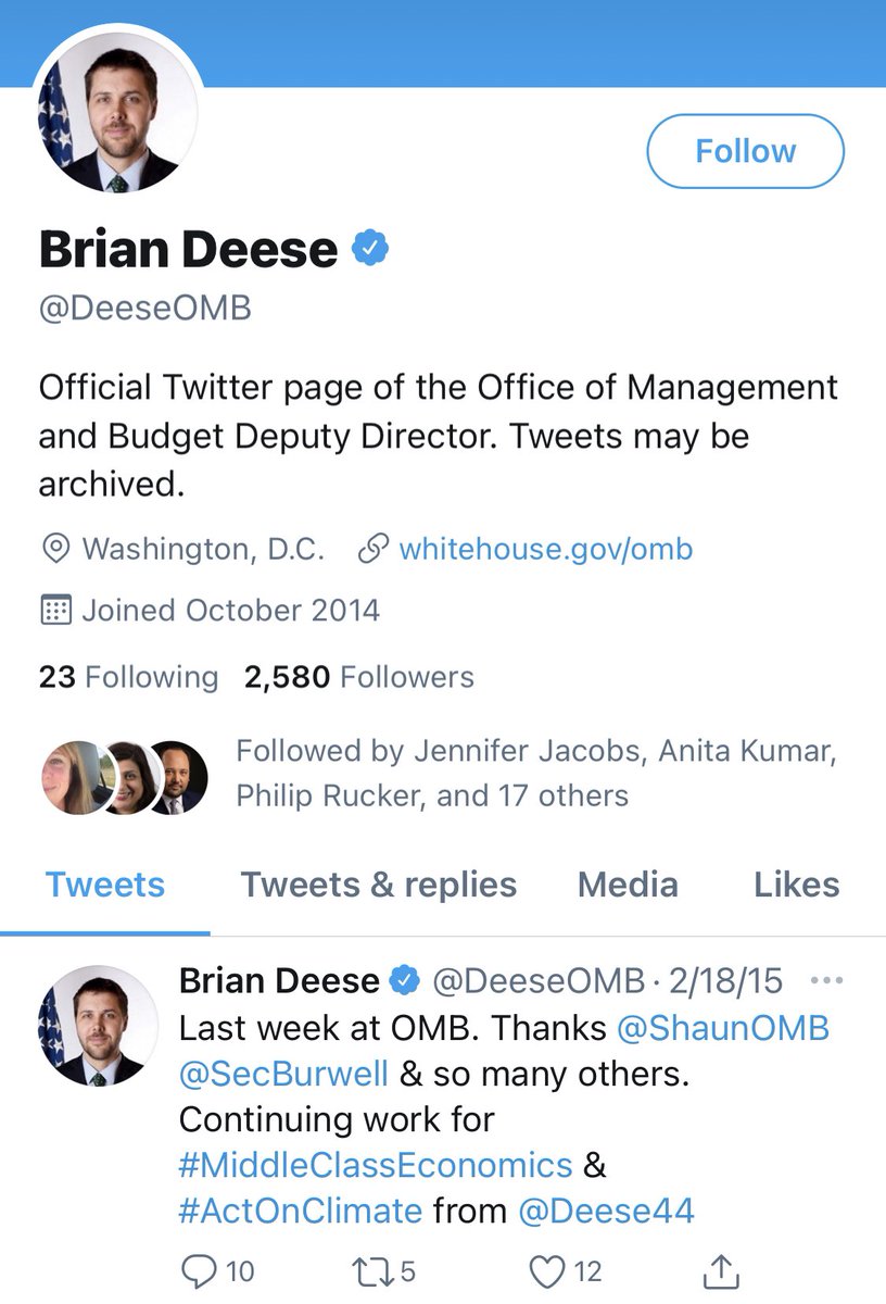 The most unusual  @twitter history of a US government official I found today may be that of  @BrianCDeese, who used  @DeeseOMB &  @Deese44 & now has a 3rd account at  @BrianDeeseNEC, separating his personal account from a  @whitehouse account that will be archived someday at @-46.