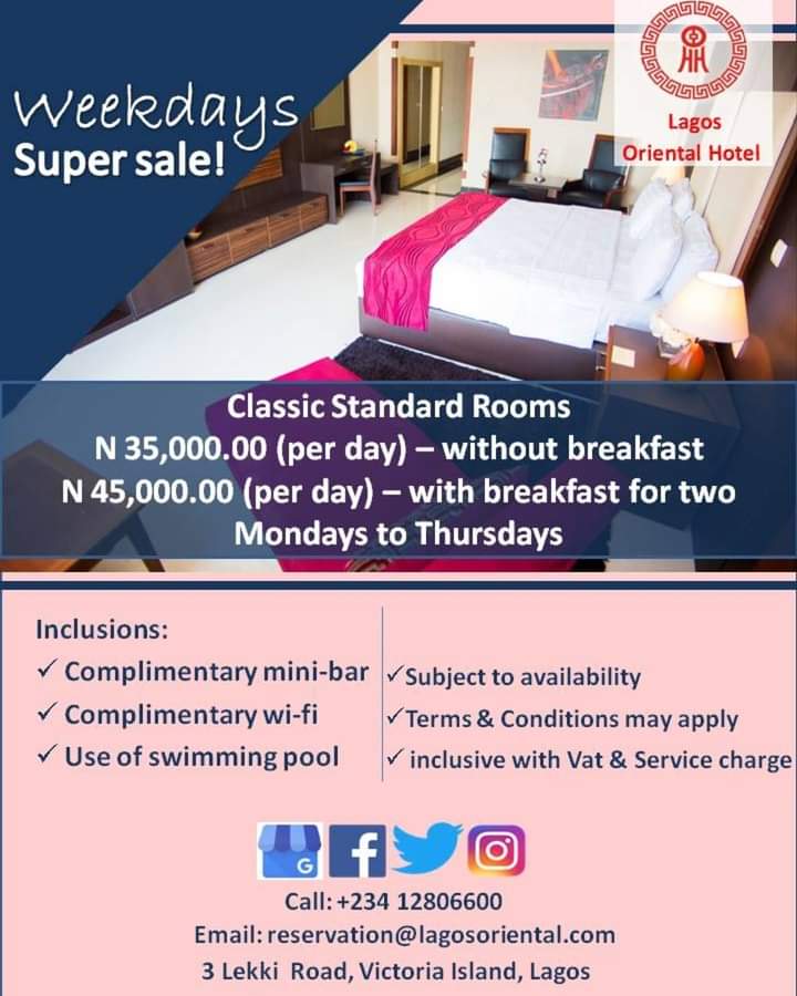 OrientalLagos's tweet photo. Weekdays should be as great as weekends.why stress yourself everyday on a traffic jam when you can stay over for the week.🤩

Hurry, limited offer only.
For enquiries:
Call: +23412806600
Email: reservation@lagosoriental.com

#hotelpromo #naijahotel #lagoshotel #orientalhotel https://t.co/Y00IwXfAyy