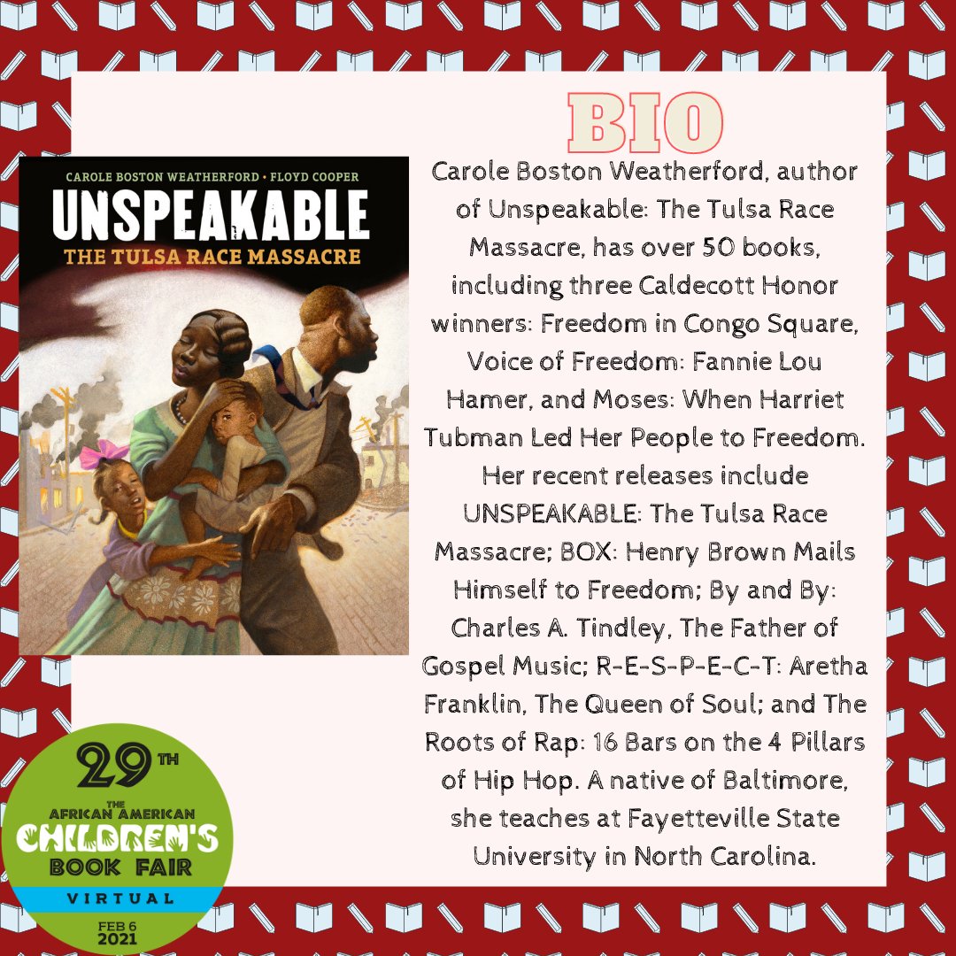 Author Spotlight: Carole Boston Weatherford | <a href="/poetweatherford/">Carole Boston Weatherford</a> 

We are so happy to have Carole Boston Weatherford as one of our authors for this year's 29th Annual African American Children's Book Fair!