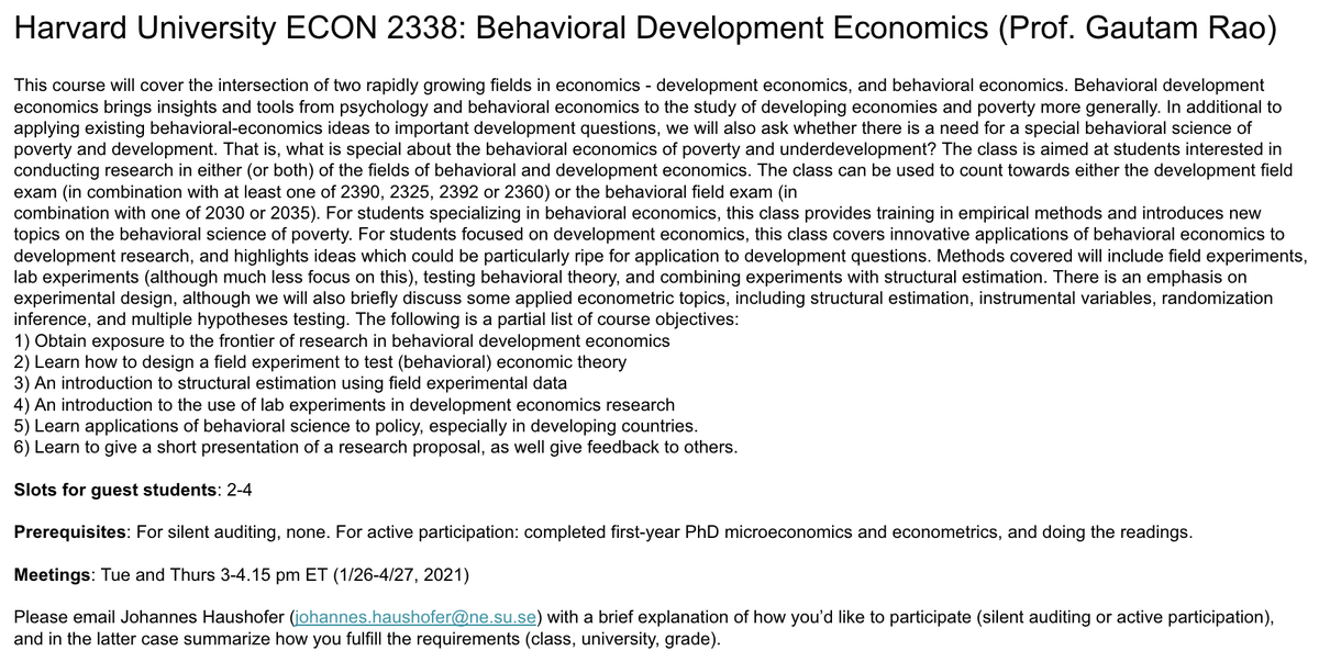 Here is a first PhD course that's open for student visitors from low- and middle-income countries! Please see below for information on how to apply. It starts THIS TUESDAY so be quick! Big thanks to  @raogautam.  https://twitter.com/jhaushofer/status/1352948818401251328