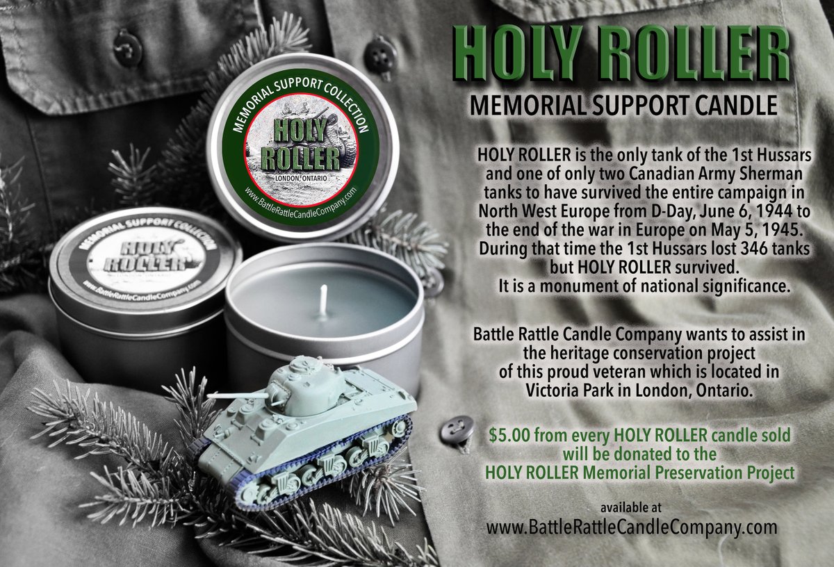 LondonSmells's tweet photo. Battle Rattle Candle Company is trying to assist @1stHussars in preserving #ldnont proud veterans, #HolyRoller tank in Victoria Park. $5 from every Holy Roller candle sold will be donated to @holyrollermemorial.ca Every bit helps! Candle available at https://t.co/IWllqzGmPT https://t.co/0vBbMVWWW9