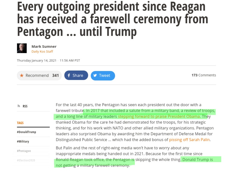According to this article, Obama didn't get a 21 gun salute, either,but still received the military farewell. (Link to follow)I will dig more into the Armed Forces Farewell when I have more time. 8/x
