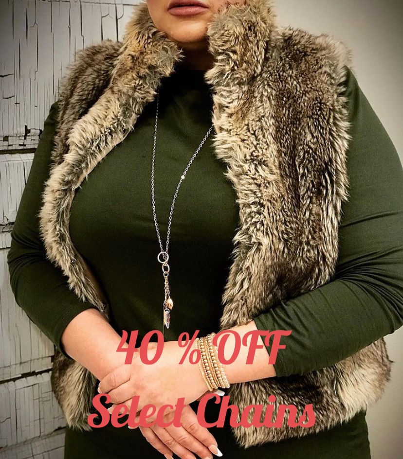 40% off Select Chains 

We are clearing out some of our less popular chains to make room for some new ones.  If you have had your eye on one of our charm necklaces you can get 40% off select chains while supplies last.