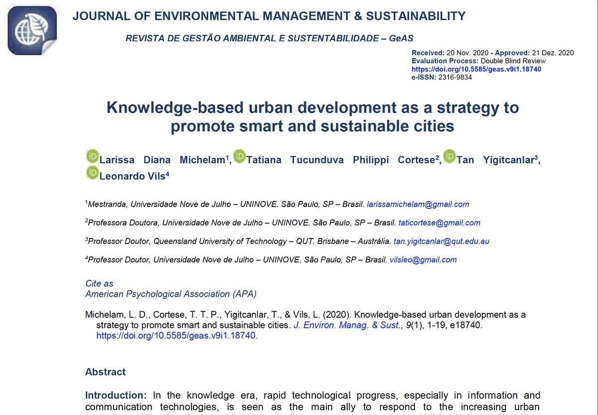 yigitcanlar's tweet photo. Our (w/@larissamichelam, Tatiana Tucunduva, Leonardo Vils) new article present conceptual and application aspects of #KnowledgeBasedUrbanDevelopment as a strategy to promote #SmartAndSustainableCities.
Open access full-text from: https://t.co/CZE7lJfwaI
@UrbanStudiesLa1 @QUT https://t.co/8KPFbHMnSF