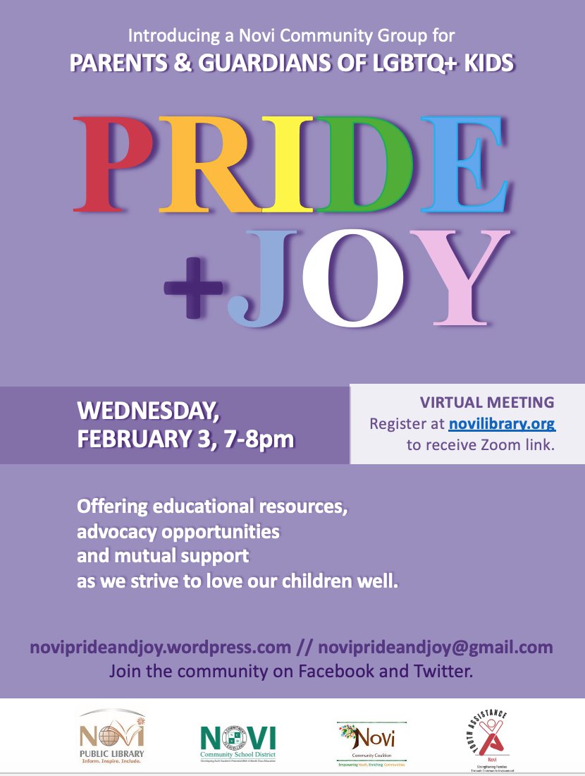 NoviPrideAndJoy's tweet photo. Registration is open for Novi PRIDE + JOY's next virtual meeting on February 3, 7-8:30pm ET. Parents &amp; guardians of LGBTQ+ kids and allies are welcome! 🏳️‍🌈🏳️‍⚧️💜

@NCSD @novi_M_H_A @NoviYouth @TheNewNPL 

Sign up at Novi Public Library's event page here:
https://t.co/3iGgAkS5LQ https://t.co/fL4YUvmngv