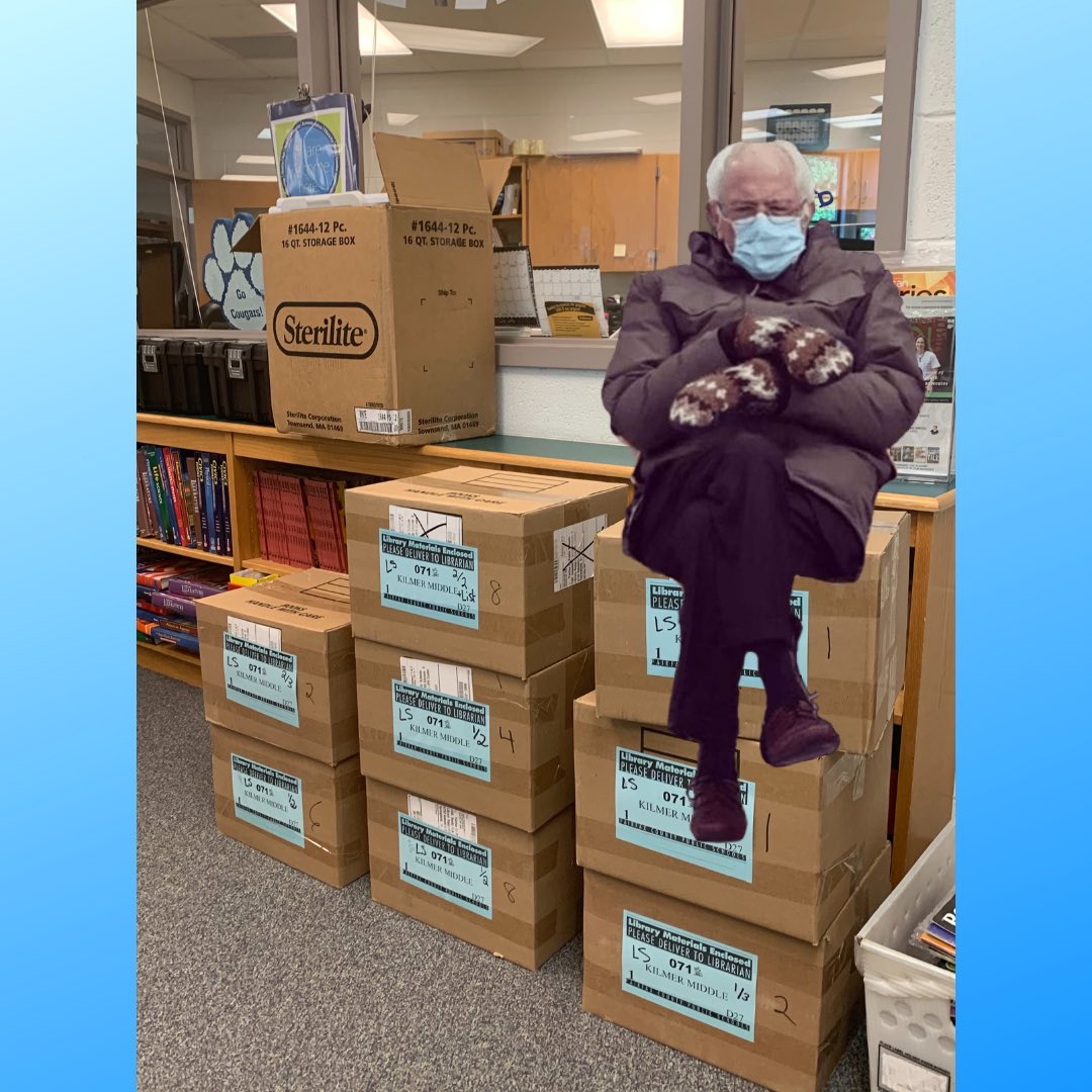 kilmerlibrary's tweet photo. I mean, couldn’t leave our @kilmerlibrary out of the fun, could we? #BernieSandersMittens #berniemittens #BernieMeme #ourkms https://t.co/Zg6NKPEfwR