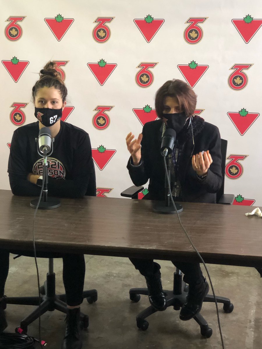 Head coach <a href="/digitmurphy/">Digit Murphy</a> &amp; assistant captain <a href="/emmawoods1112/">Emma Woods</a> chatting with the media post first game