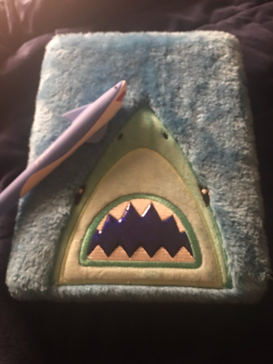 aimee got me this shark pen and notebook ... i am so scared to use the pen because i don’t want it to run out but the notebook feels so soft so i have it just sitting out always