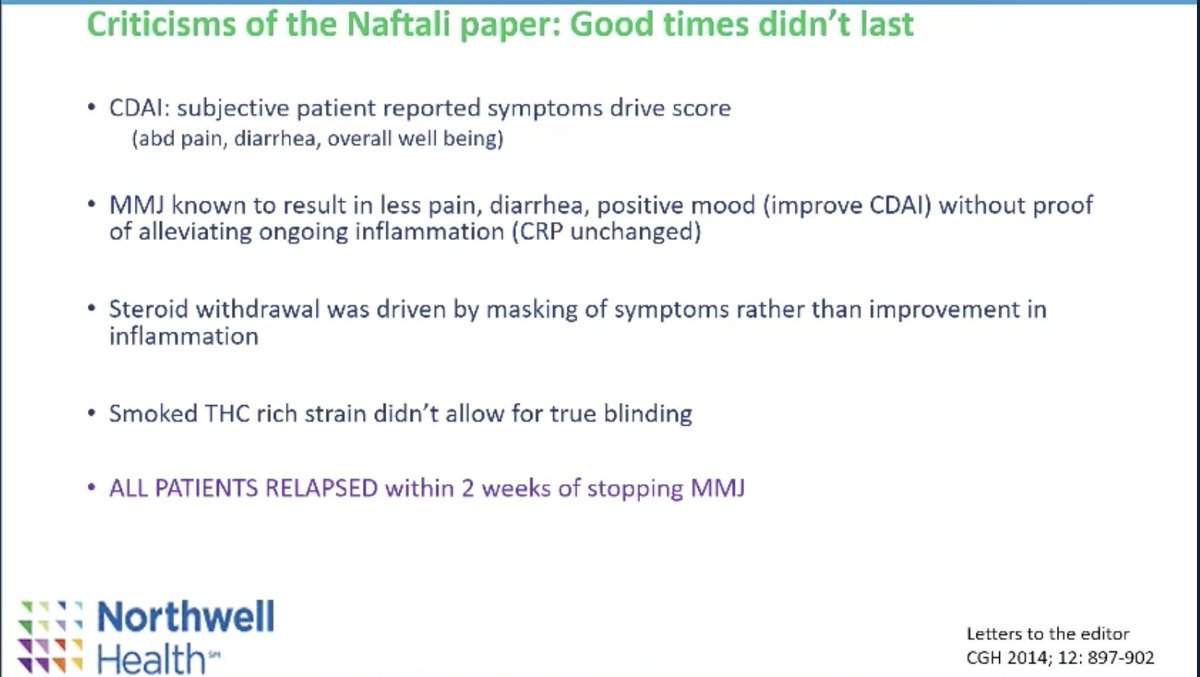 Patients bring up this study on cannabis A LOT. 
BUT!
-results subjective
-C reactive protein didn't change
-symptoms were masked
-patients relapsed within 2 weeks of stopping
Slides courtesy @Swaminath_IBD #CCCongress21