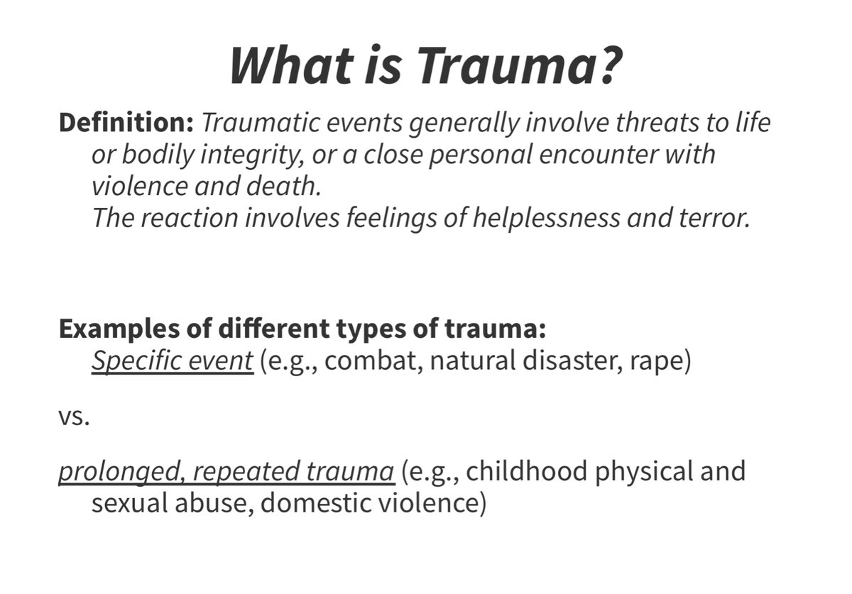 We tend to think of trauma as something horrific, but it doesn't have to be. It can be a single event, an ongoing relationship where boundaries are violated & exploited, a death of a loved one, or a life situation such as housing or food insecurity. #TraumaEd101 2/