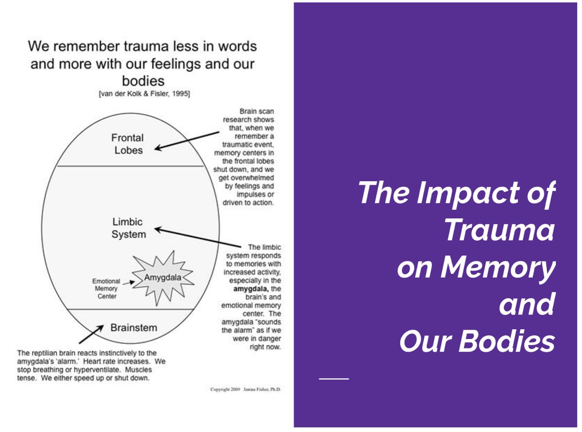 Traumatic memories are stored in the body, in encoded preverbal places, but they are kept out of conscious thought through a process called DISSOCIATION. Sensory experiences can bypass consciousness and trigger trauma memories, especially through smell.  #TraumaEd101 5/