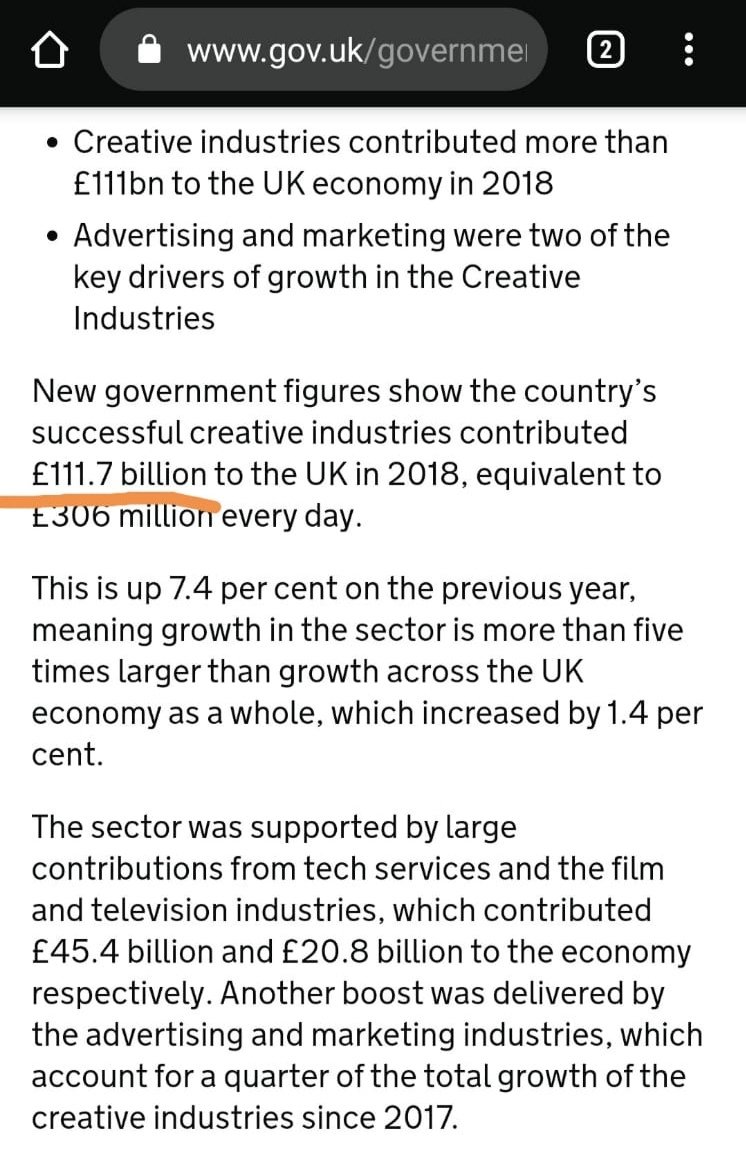 To give you an idea, the arts industry contributes in 48 hours, what the fishing industry takes a year to contribute to the UK economy! @Femi_Sorry @sazmeister88 @mikegalsworthy