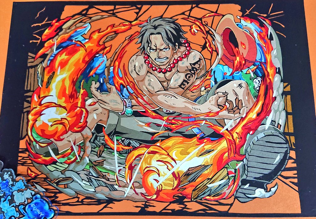 くま V Twitter 完成しました O ワンピースより 火拳のエースです 今回は1個1個 パーツを切り出して貼り付けたのでなにかと大変でしたが良い物ができたと思います W もし良ければいいねrtフォロー等頂けたらめっちゃ喜びます O 切り絵