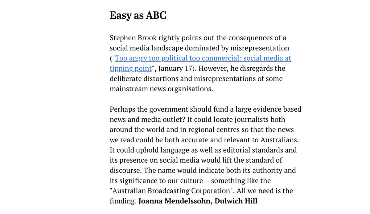 oldlillipilli's tweet photo. @michaelkoziol The #ABC as a whole is Australia’s greatest cultural asset, now so starved of funds it’s a miracle it survives at all. My letter in today’s #SunHerald https://t.co/nJsImuUzje