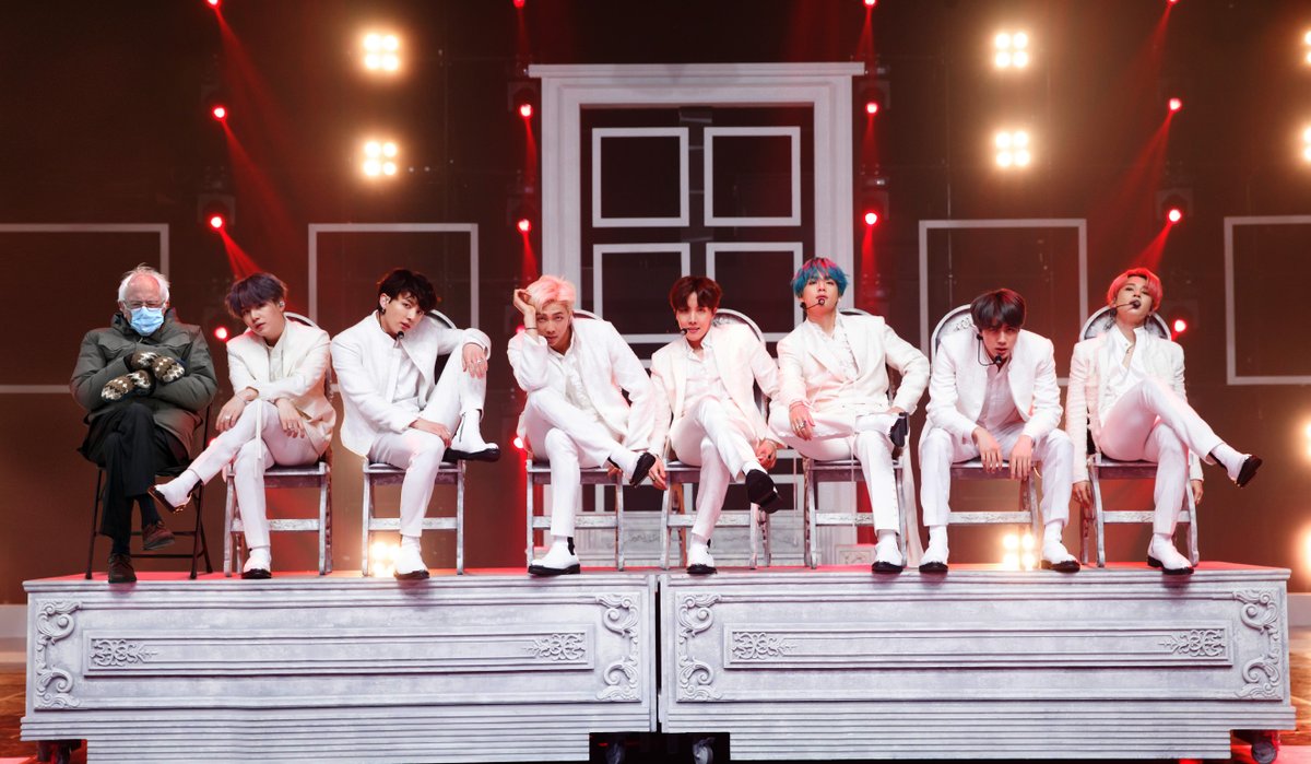 KpopDAD1's tweet photo. Bernie is everywhere. I don't even remember him performing Dionysus with #BTS. @BTS_twt #BernieMeme https://t.co/XbLclM3bp3