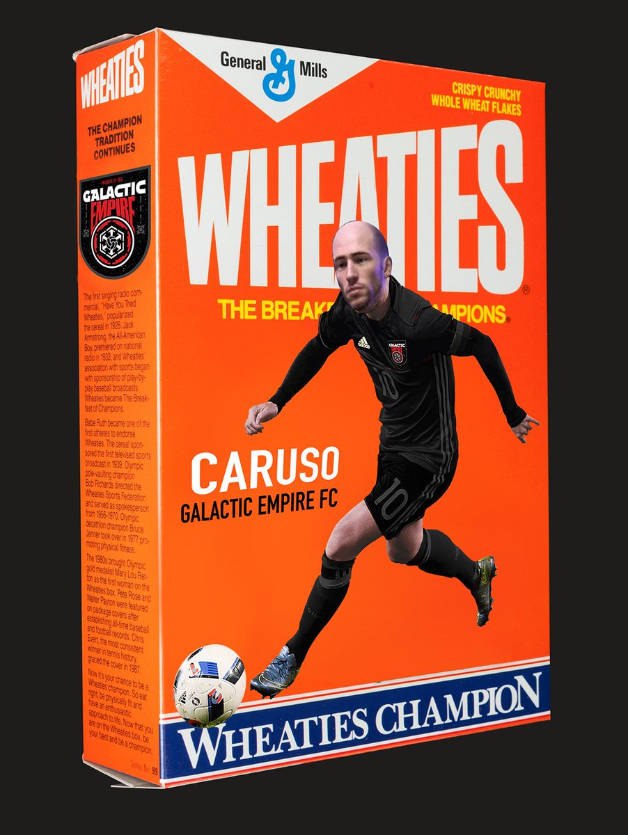 GEmpireFC's tweet photo. For being 1st time Division 1 champs in @Liga_G96 history, Wheaties reached out and together we bring to you the breakfast of champs. Featuring our one and only Caruso. **available in all retail markets and local stores near you** #longlivetheEMPIRE https://t.co/FGpJV9ElRA