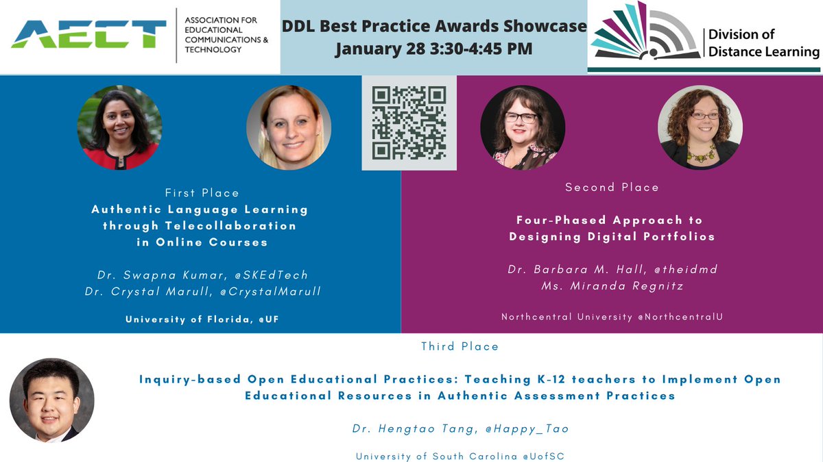 aectddl's tweet photo. Join us for the 2020 DDL Best Practice Award Showcase Webinar on Jan. 28th, TIME CORRECTION 3:30-4:45. #AECTDDL #bestpractice https://t.co/Z0WuZgxDNU
@SKEdTech @crystalmarull @TheIDMD @Happy_Tao @UF @NorthcentralU @UofSC https://t.co/HHwvMLgL5R