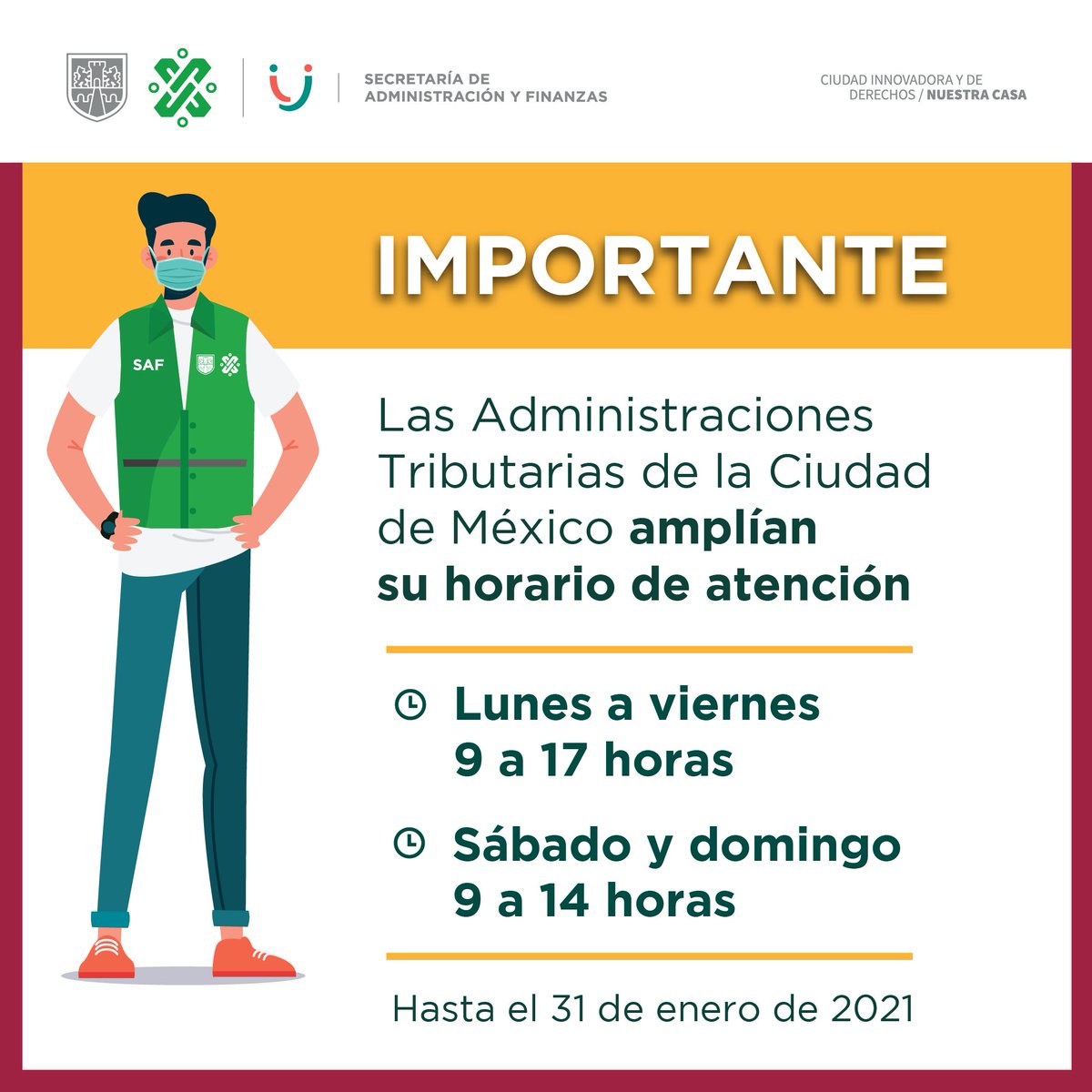 Finanzas_CDMX's tweet photo. 🚨Atención🚨

¡Ven mañana a la Administración Tributaria más cercana a ti y realiza tus trámites sin hacer filas! 

Ampliamos nuestros horarios incluso en sábados y domingos 🕒 https://t.co/7VUjZczKdR