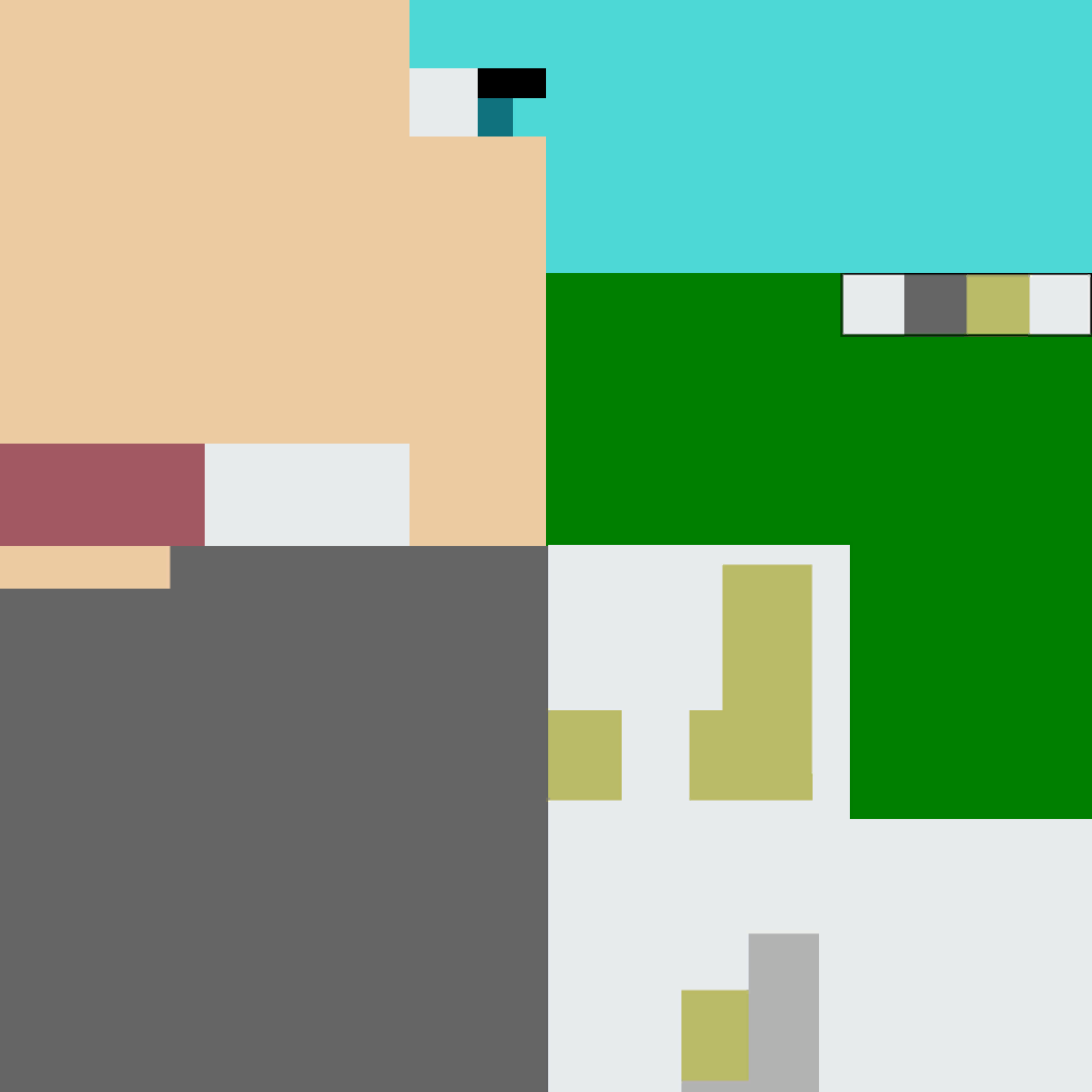 "Well, what do the SSB textures look like if it's just the head that's used?"You would think it'd just be the head stuff and the rest null space, but you'd be wrong.Here's Blueku's base texture, with the head UV's visible. Notice any familiar colors?Here's Bluegeta's as well.