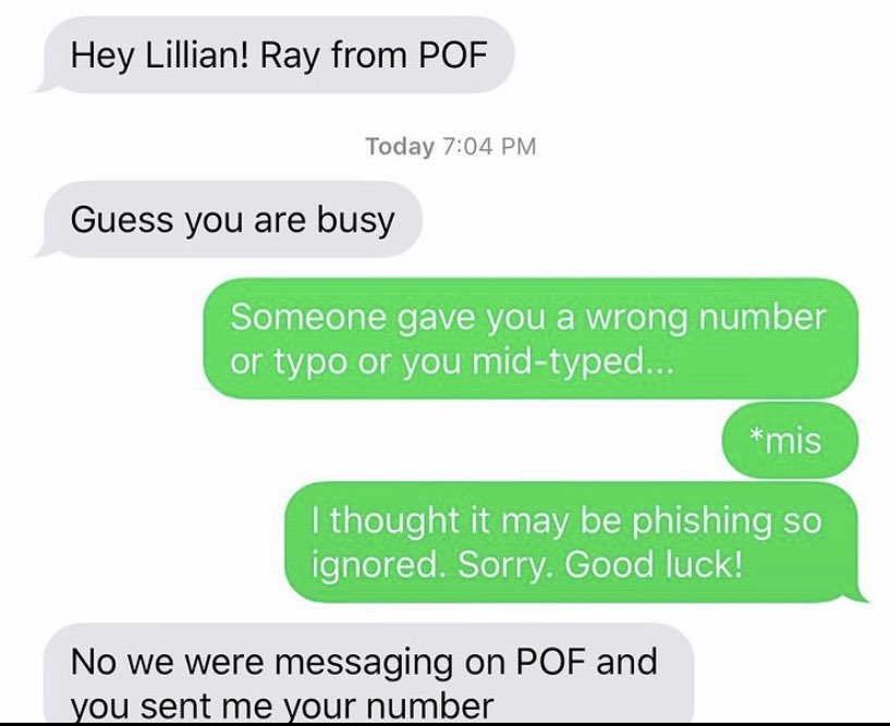 BridgetSW's tweet photo. I think I’m finally capable of normal laughter again. To wit, enjoying this unfortunate old text exchange. Wonder how Ray is doing these days? 🤔 #wrongnumber #onlinedating #notamatch 
[Inspired by @bridgetsharpeAZ] https://t.co/c5tWJWDOiW