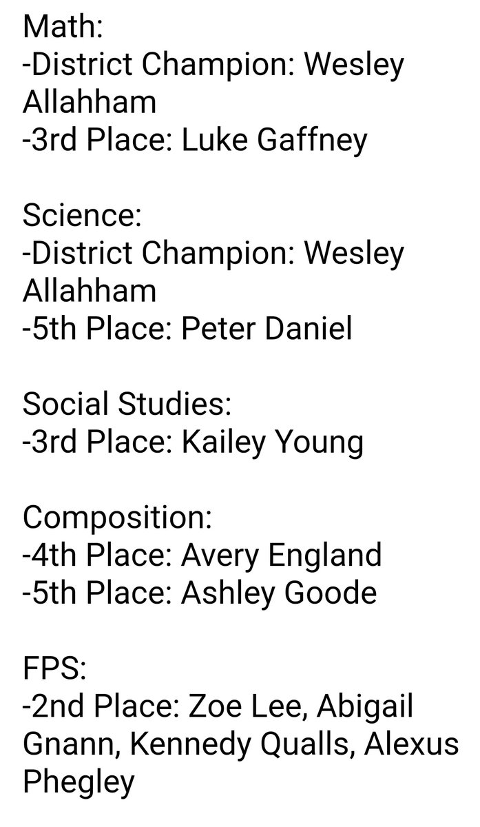 Academic Team: Congratulations to all individuals placing in district competition today and moving on to regionals on February 13th! 
Great job!!