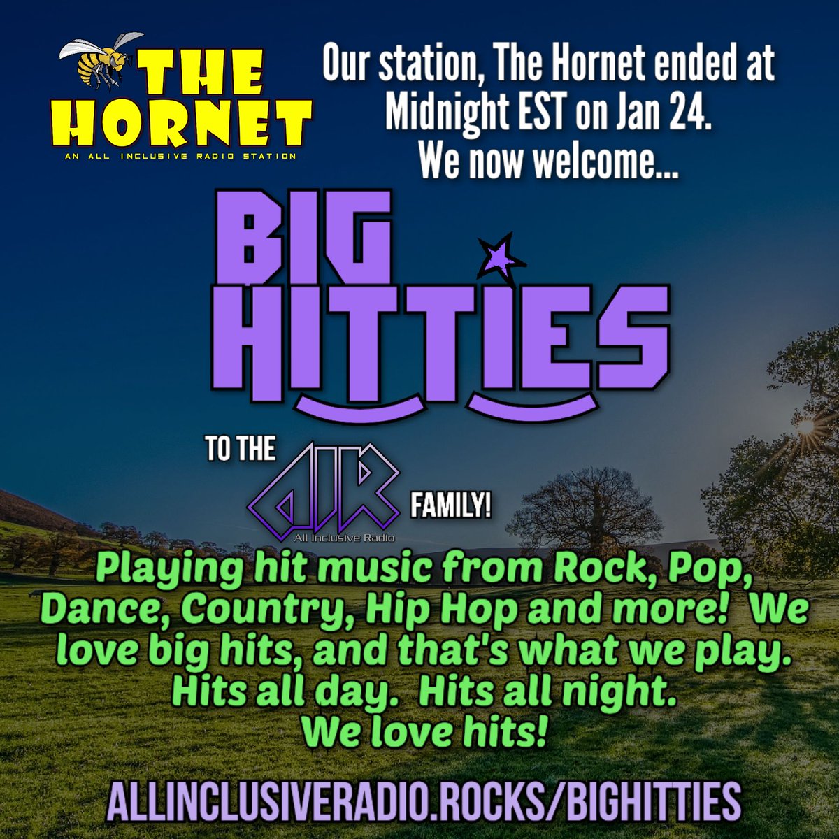 At Midnight EST tonight, our station THE HORNET will come to an end... join us in beginning a new chapter, with our newest station, BIG HITTIES which will play the big hits from #Rock #Country #Pop #HipHop #80s #Dance and more.  It starts right as the Hornet ends!  Tell a friend!