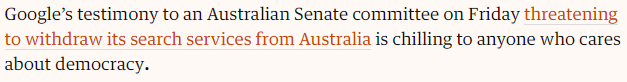 The counter argument here is so obvious. The real threat to democracy in Australia is Mainstream Media. Specifically Rupert Murdoch / News Corp. One could argue that NOT having biased journalism easily accessible via Google would actually help democracy.  #MurdochRoyalCommission