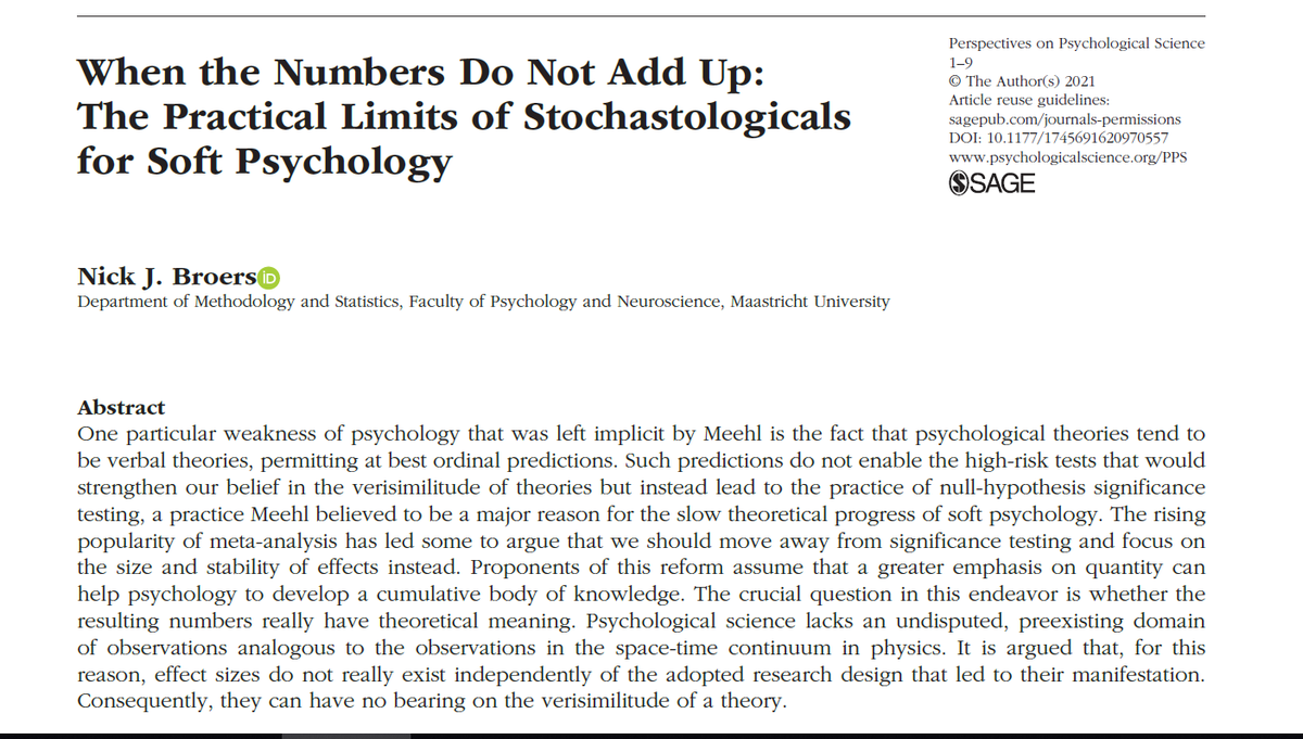 RubinPsyc's tweet image. Nick Broers addresses Meehl’s (1978) “shrug” about discrepant effect sizes.

&quot;Cumulative development of psychological knowledge will not manifest itself as an increase of quantitative understanding because there are essentially no quantities to understand”
doi.org/10.1177/174569…
