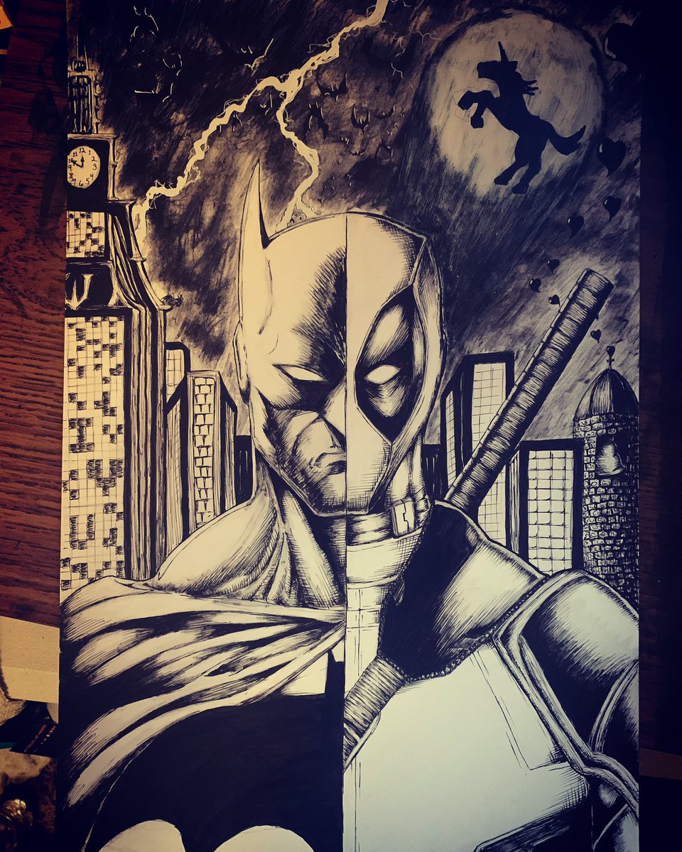 Schrantism's tweet photo. Recent commission work #art #drawing #commissionsopen #marvel #dc #batman #deadpool #darkknight https://t.co/Al1BaFV6bk